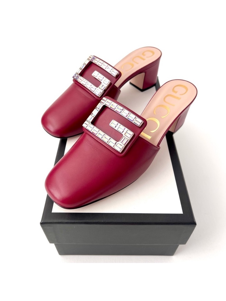 New Gucci || Madelyn Red Mule Square Crystal Embellished Gg Slip On Heel Eu 37.5